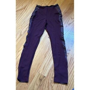 LYSSE Ponte Ankle Leggings Women Size XS Maroon Merlot Black Faux Leather Stripe